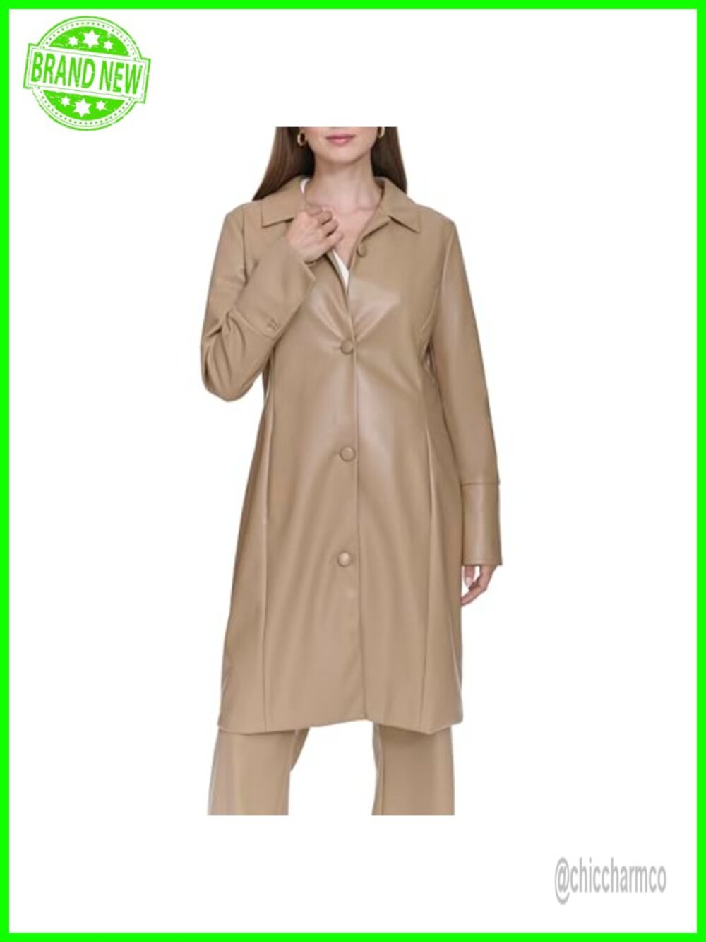HALSTON Vegan Leather Trench Coat Long Sleeve Tan Coat